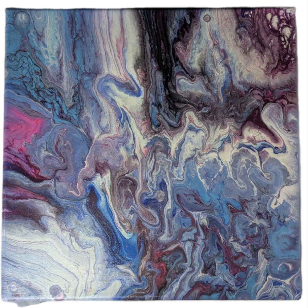 Abstract Fluid Pour Painting 12" x 12" Canvas Home Decor Art OOAK Blue Pink